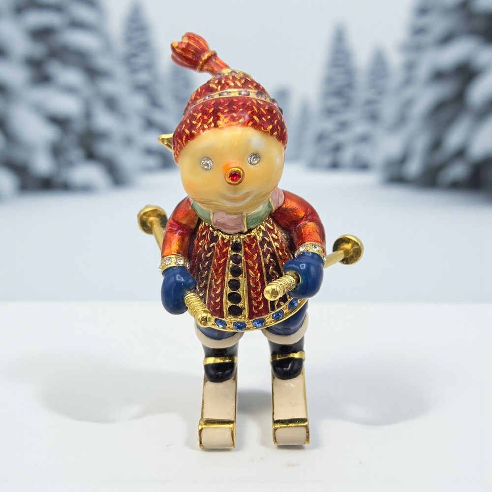 Vintage Work of Art Skiing Snowman Trinket Box Rhinestones Enamel Gold Tone